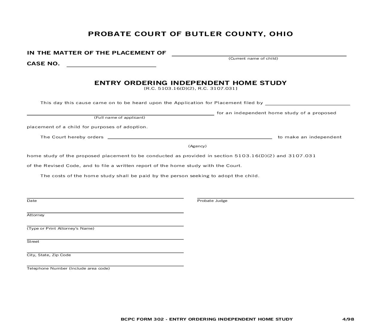 Entry Ordering Independent Home Study {302} | Pdf Fpdf Doc Docx | Ohio