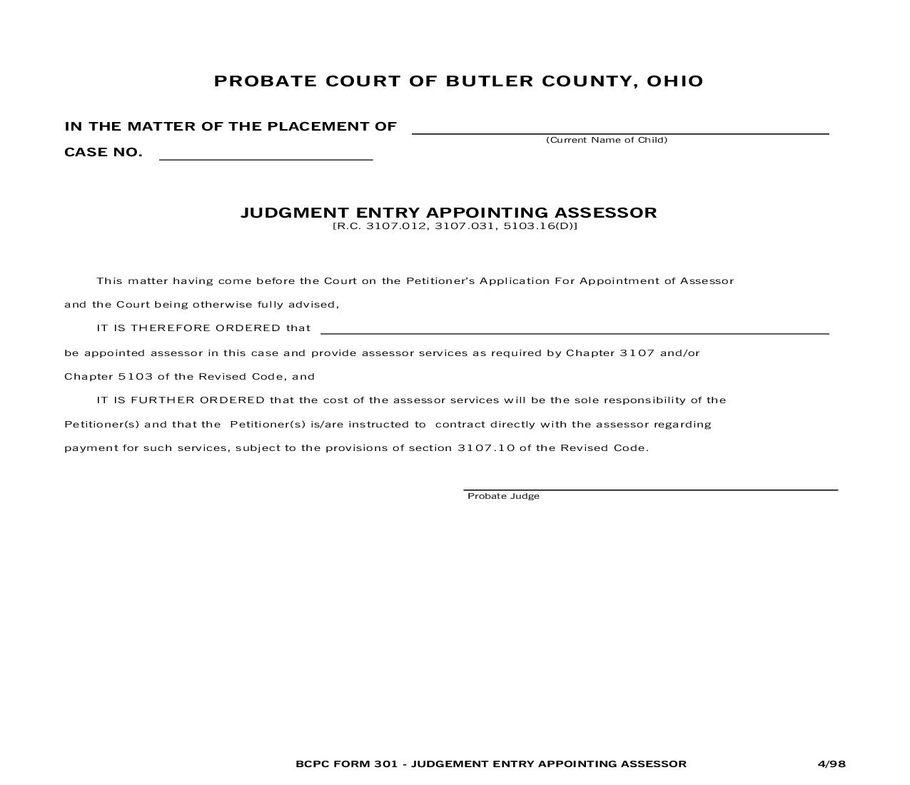 Judgment Entry Appointing Assessor {301} | Pdf Fpdf Doc Docx | Ohio