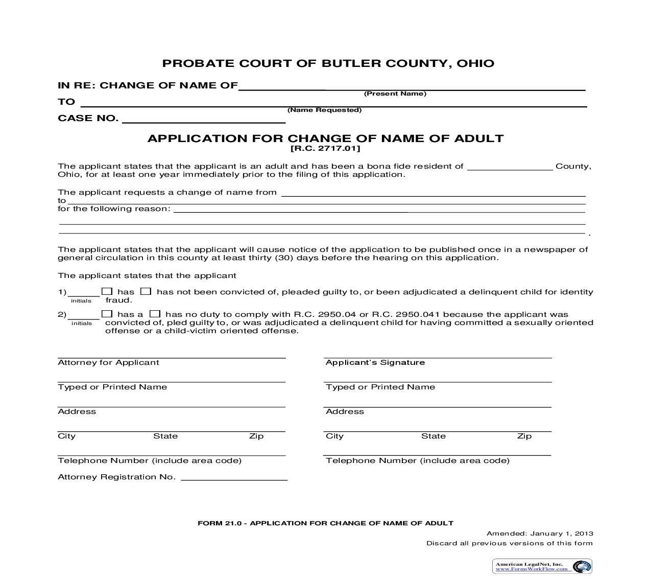 Application For Change Of Name Of Adult {21.0} | Pdf Fpdf Doc Docx | Ohio