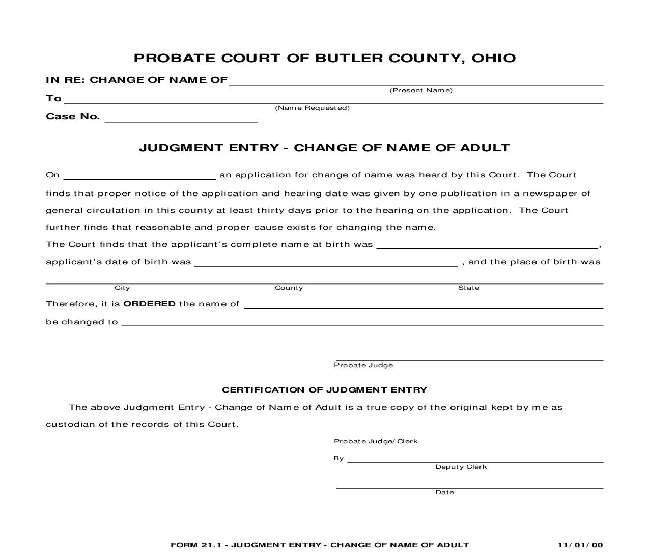 Judgment Entry Change Of Name Of Adult {21.1} | Pdf Docx | Ohio