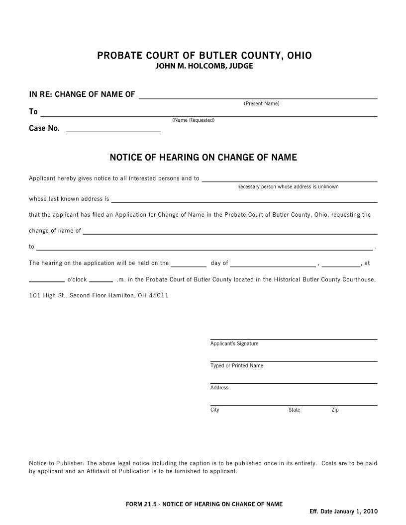Notice Of Hearing On Change Of Name {21.5} | Pdf Fpdf Doc Docx | Ohio