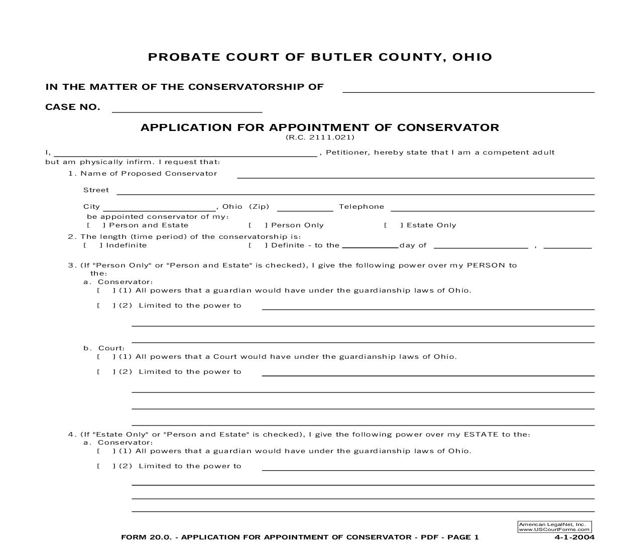 Application For Appointment Of Conservator {20.0} | Pdf Fpdf Doc Docx | Ohio