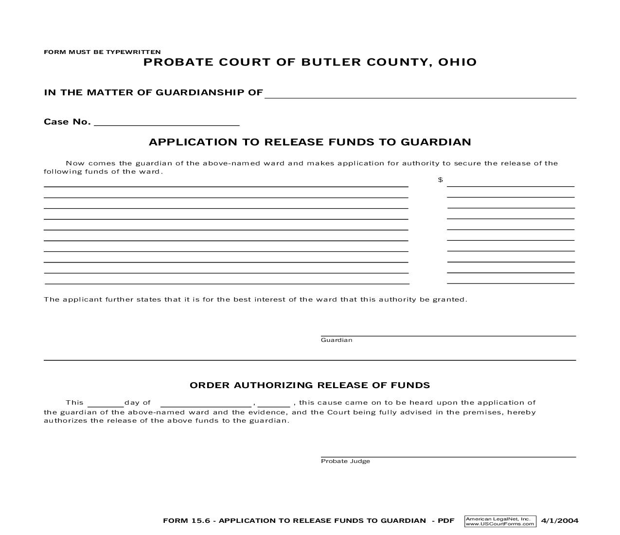 Application To Release Funds To Guardian {15.6} | Pdf Fpdf Doc Docx | Ohio
