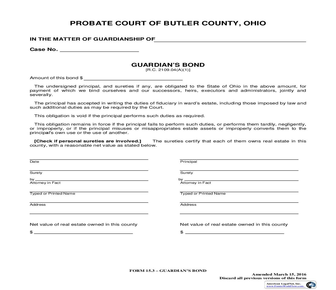 Guardians Bond {15.3} | Pdf Fpdf Doc Docx | Ohio