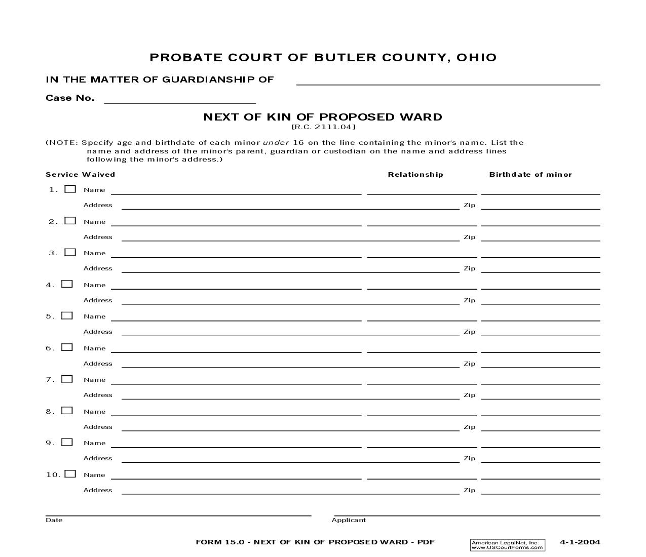 Next Of Kin Of Proposed Ward {15.0} | Pdf Fpdf Doc Docx | Ohio