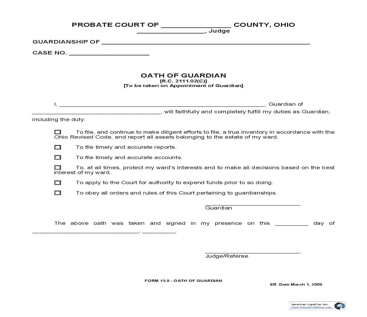 Oath Of Guardian {15.9} | Pdf Fpdf Doc Docx | Ohio