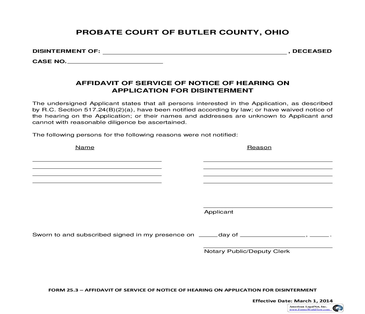 Affidavit Of Service Of Notice Of Hearing On Application For Disinterment {25.3} | Pdf Fpdf Doc Docx | Ohio