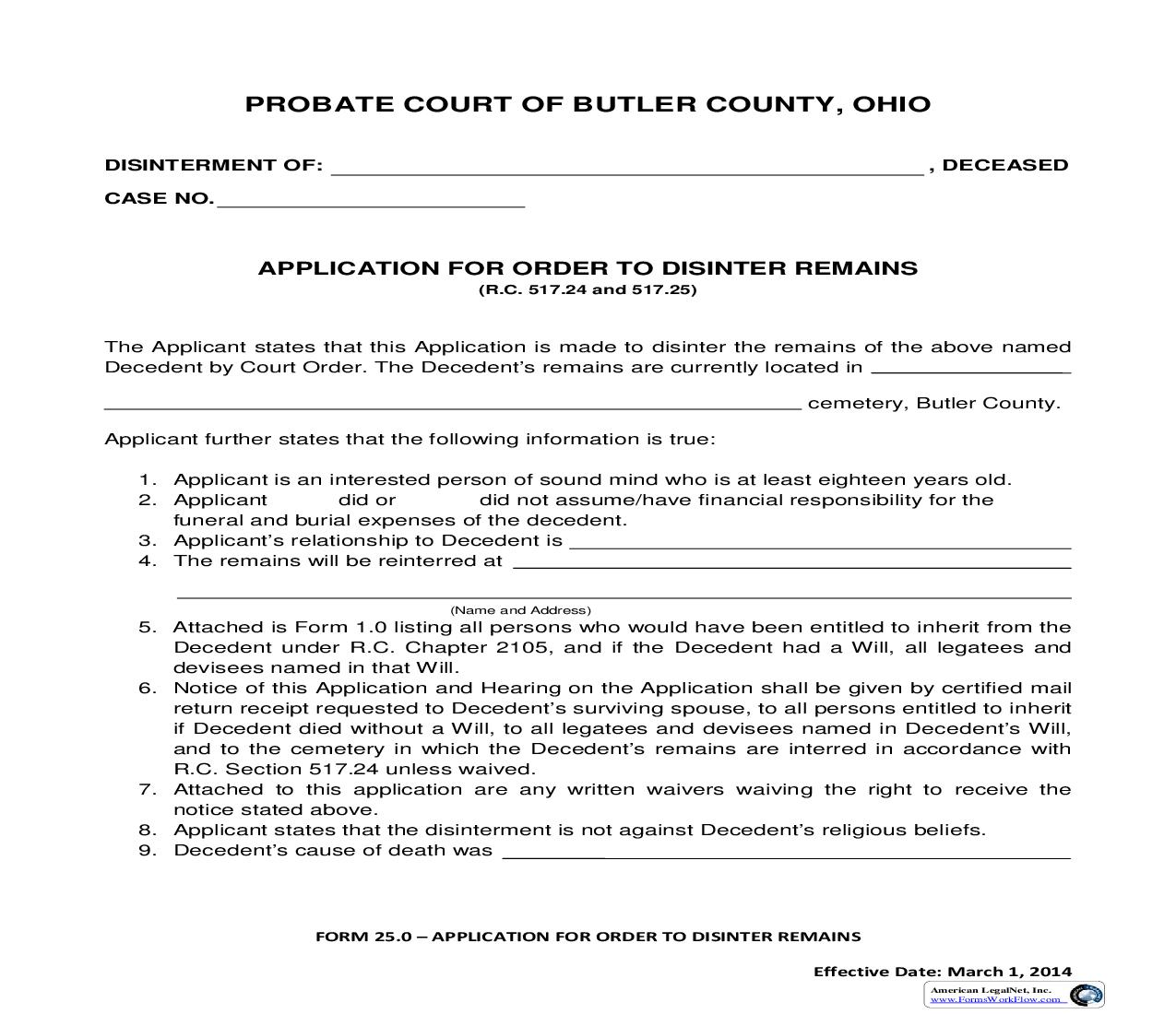 Application For Order To Disinter Remains {25.0} | Pdf Fpdf Doc Docx | Ohio
