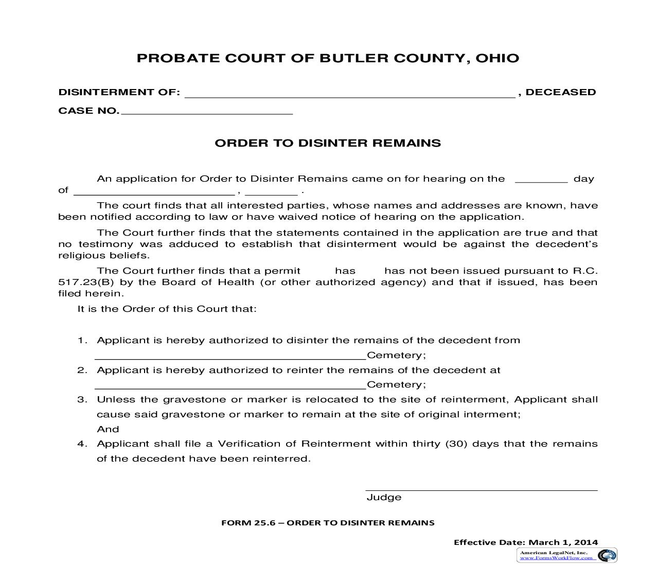 Order To Disinter Remains {25.6} | Pdf Fpdf Doc Docx | Ohio
