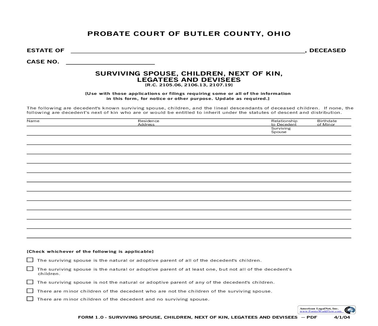 Surviving Spouse Next Of Kin Legatees And Devisees {1.0} | Pdf Fpdf Doc Docx | Ohio