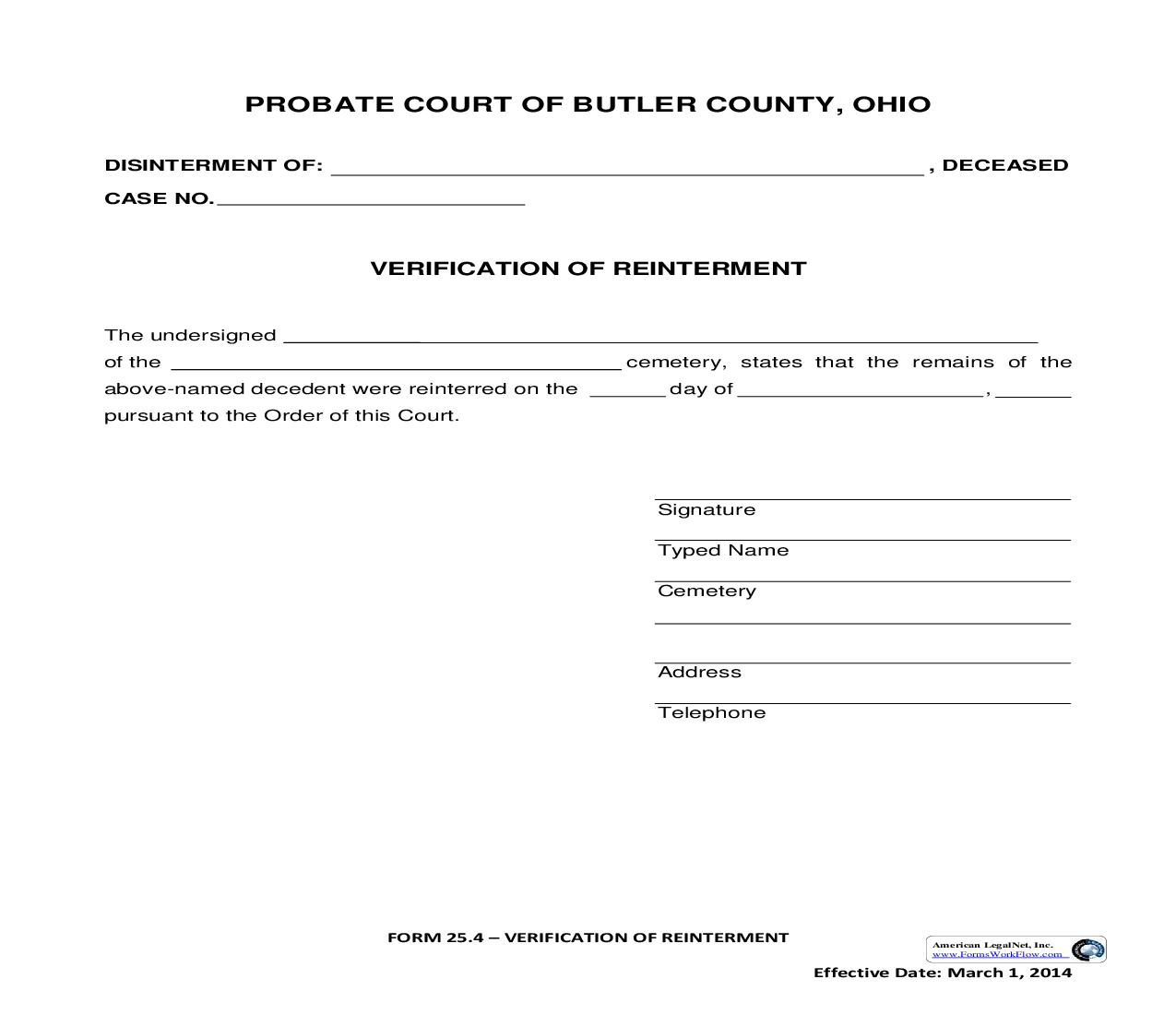 Verification Of Reinterment {25.4} | Pdf Fpdf Doc Docx | Ohio