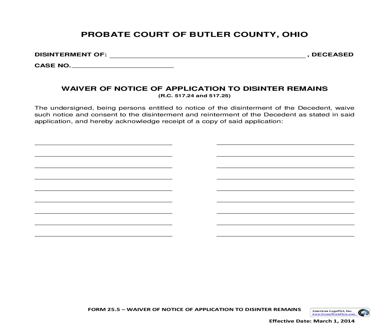 Waiver Of Notice Of Application To Disinter Remains {25.5} | Pdf Fpdf Doc Docx | Ohio