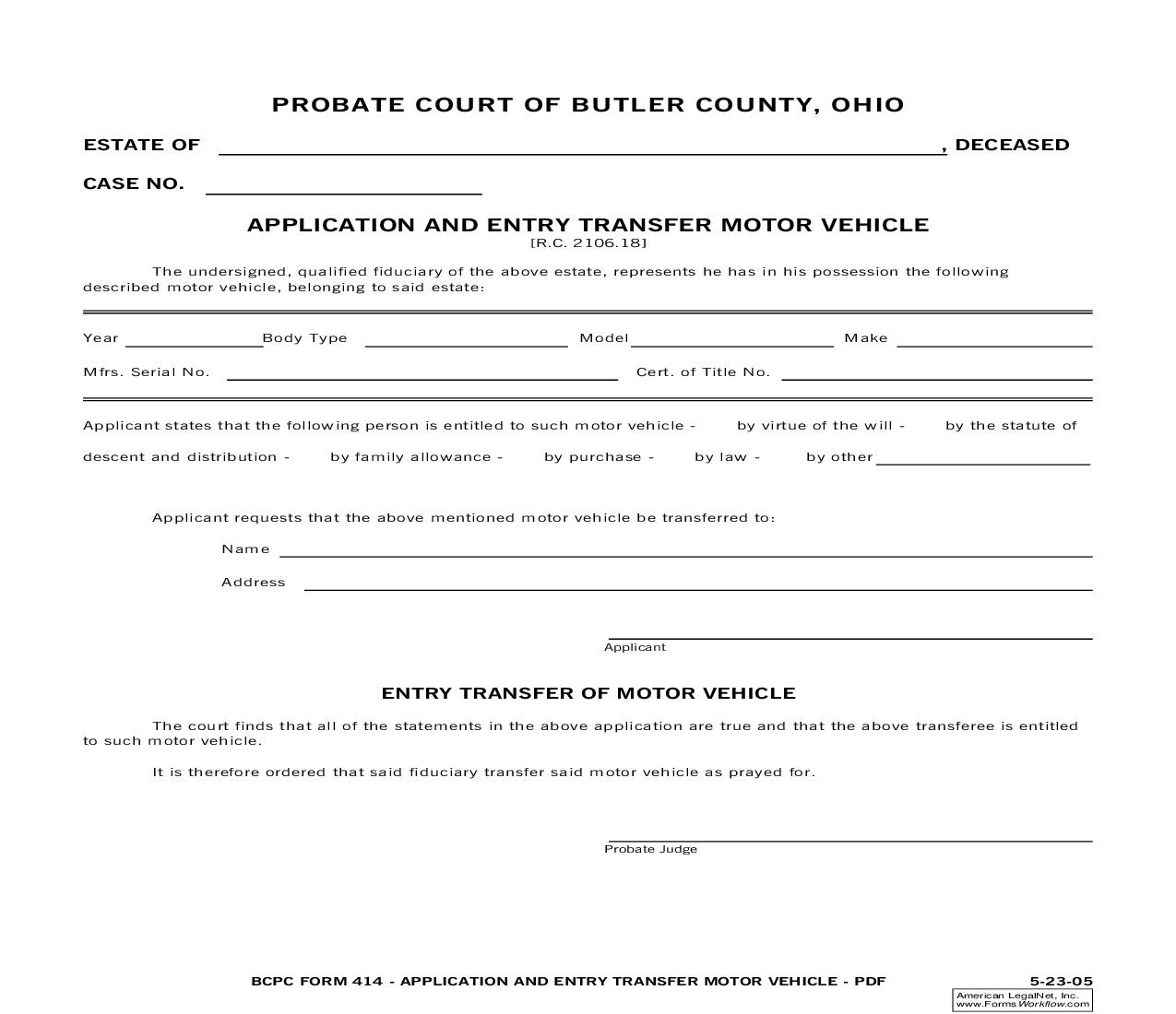 Application And Entry Transfer Motor Vehicle {414} | Pdf Fpdf Doc Docx | Ohio