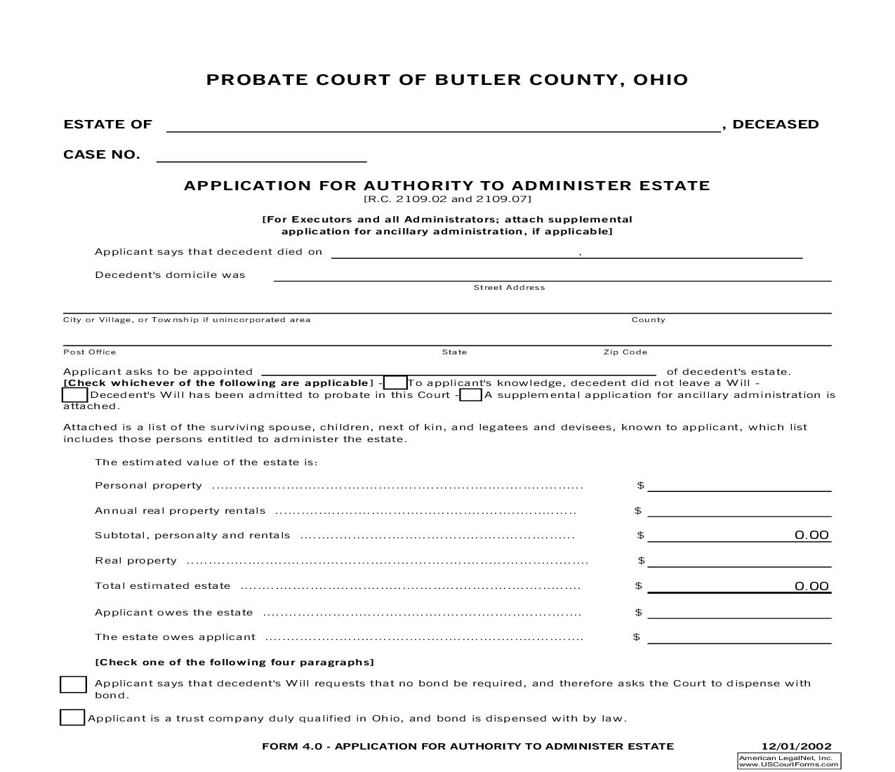 Application For Authority To Administer Estate {4.0} | Pdf Fpdf Doc Docx | Ohio