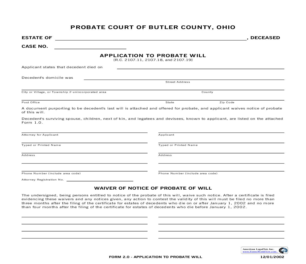 Application To Probate Will {2.0} | Pdf Fpdf Doc Docx | Ohio