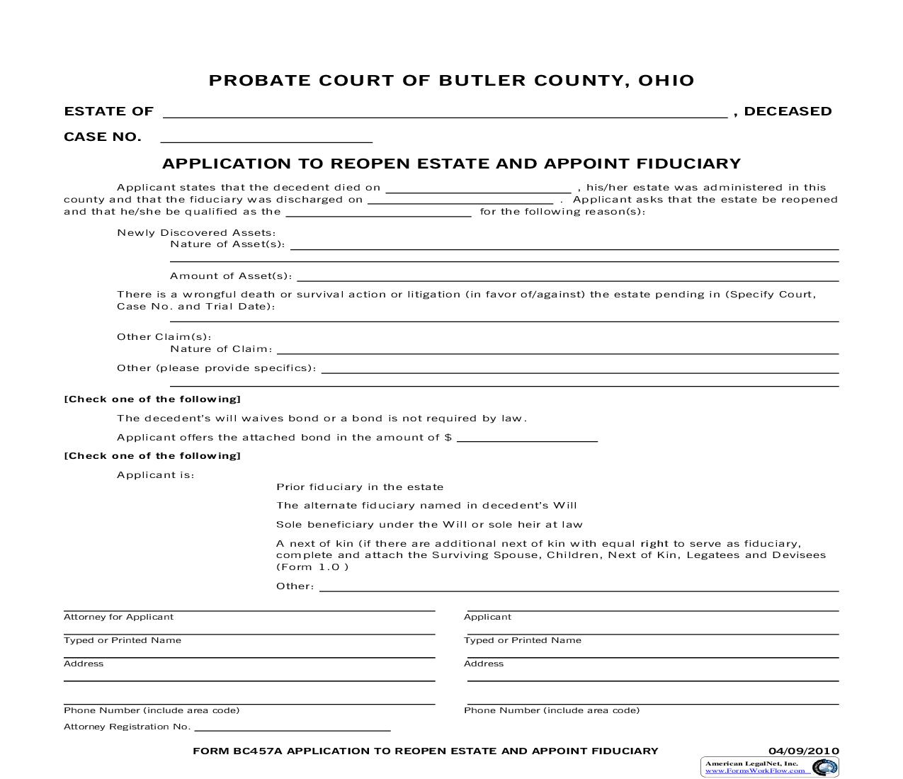 Application To Reopen Estate And Appoint Fiduciary  {457} | Pdf Fpdf Doc Docx | Ohio