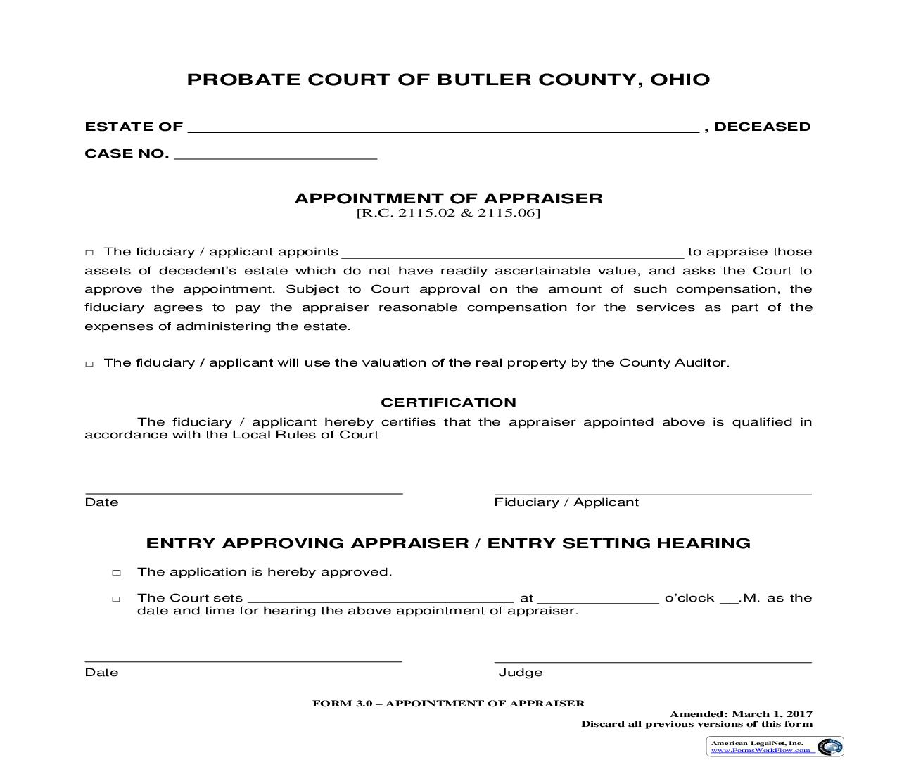 Appointment Of Appraiser {3.0} | Pdf Fpdf Doc Docx | Ohio