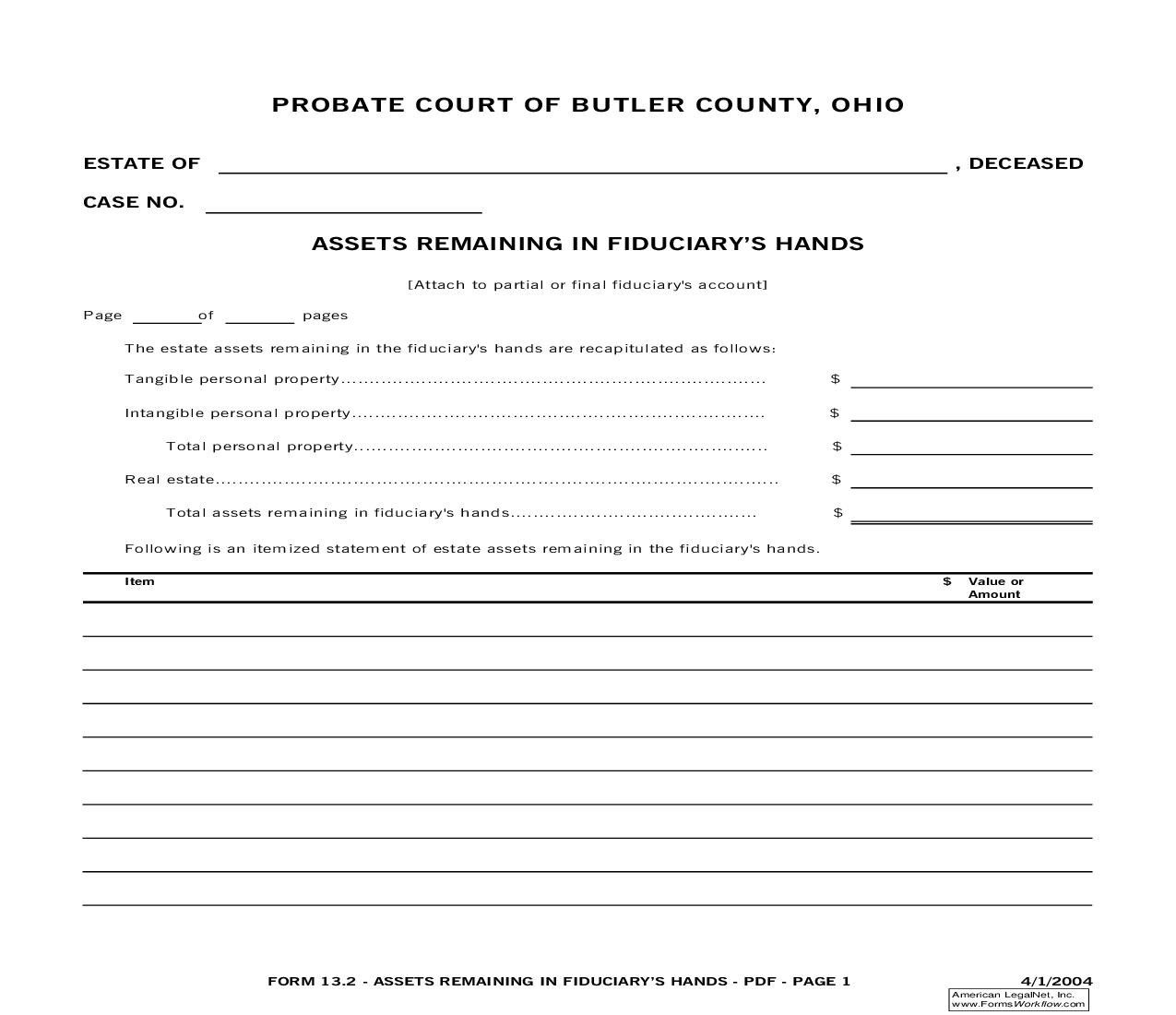 Assets Remaining In Fiduciarys Hands {13.2} | Pdf Fpdf Doc Docx | Ohio