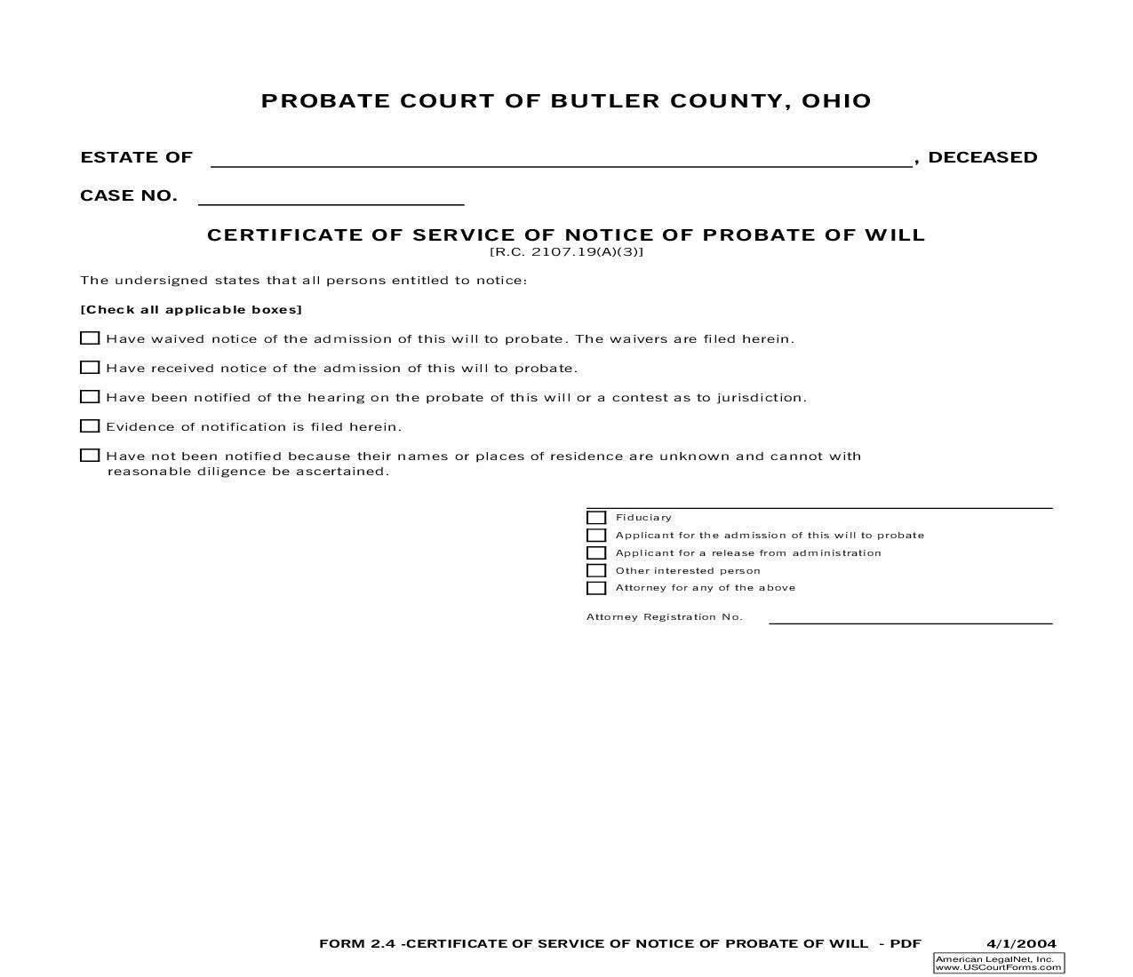 Certificate Of Service Of Notice Of Probate Of Will {2.4} | Pdf Fpdf Doc Docx | Ohio