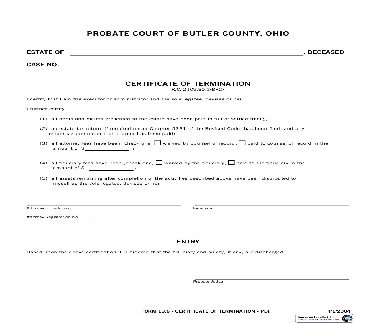 Certificate Of Termination {13.6} | Pdf Fpdf Doc Docx | Ohio
