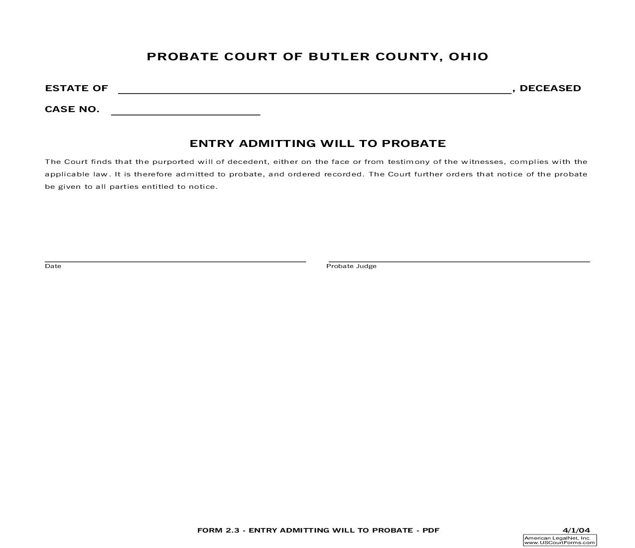 Entry Admitting Will To Probate {2.3} | Pdf Fpdf Doc Docx | Ohio