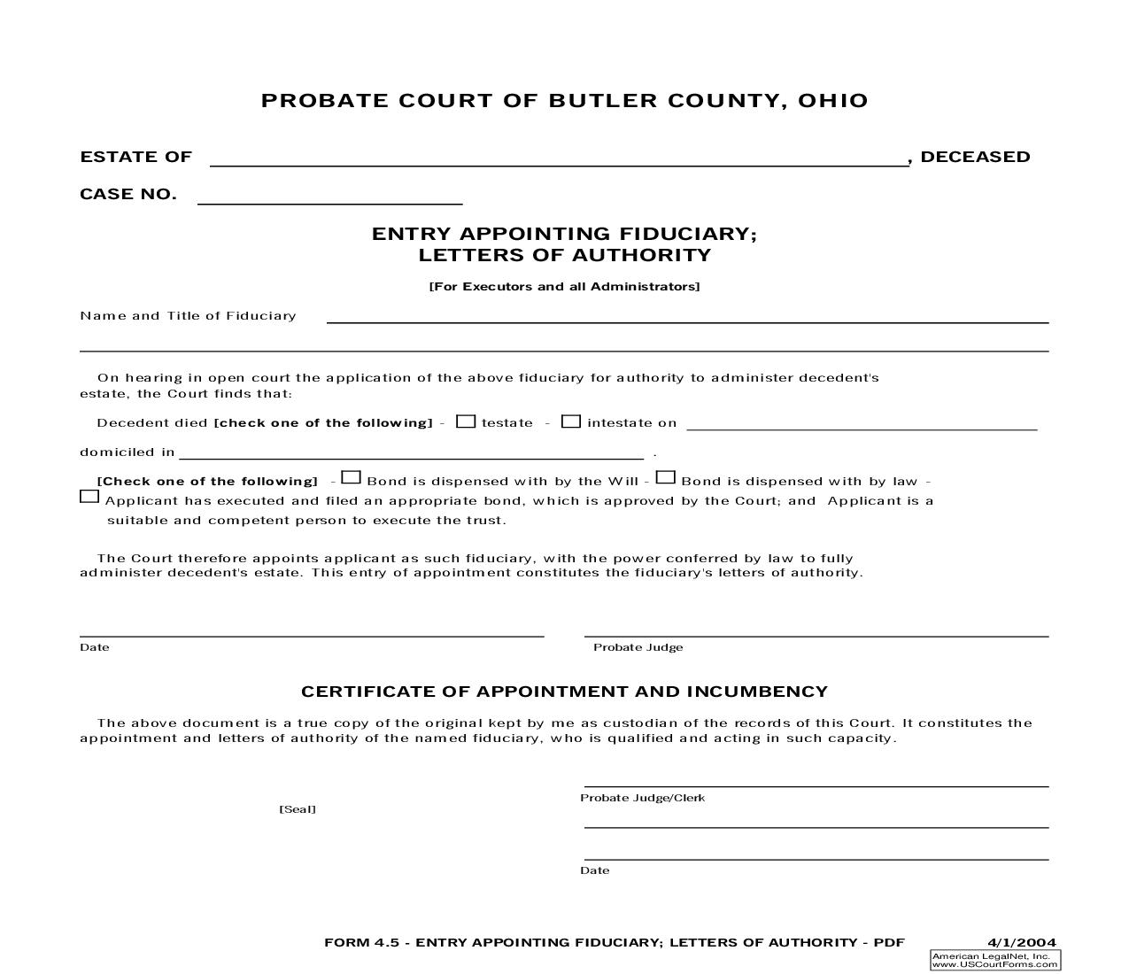 Entry Appointing Fiduciary Letter Of Authority {4.5} | Pdf Fpdf Doc Docx | Ohio