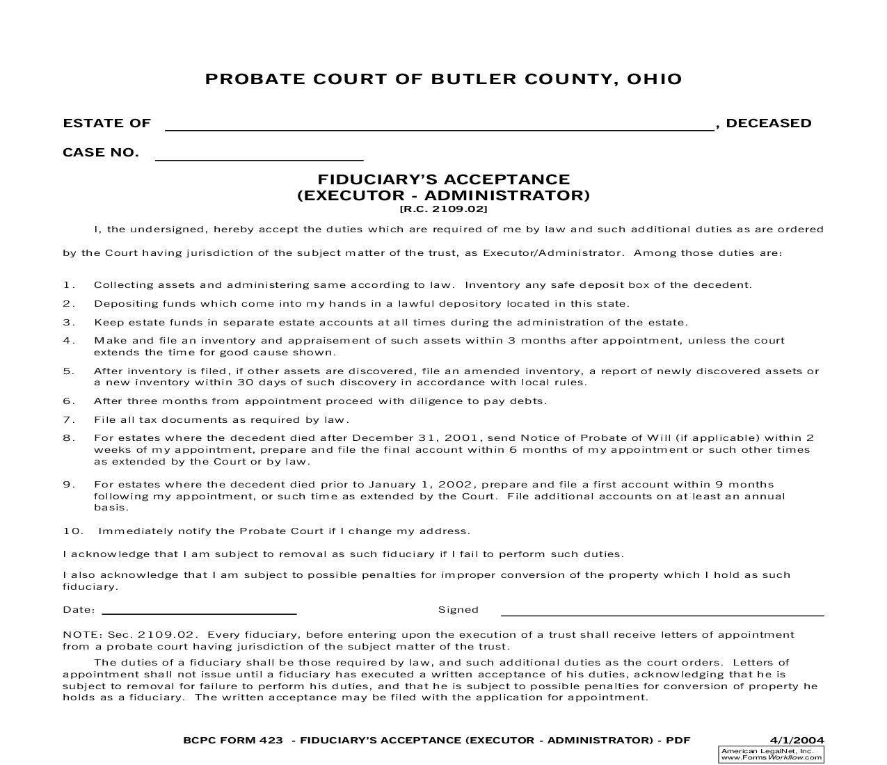 Fiduciarys Acceptance Executor Administrator {423} | Pdf Fpdf Doc Docx | Ohio