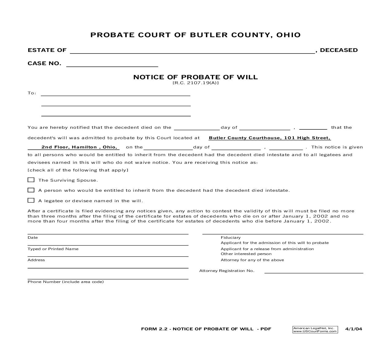 Notice Of Probate Of Will {2.2} | Pdf Fpdf Doc Docx | Ohio