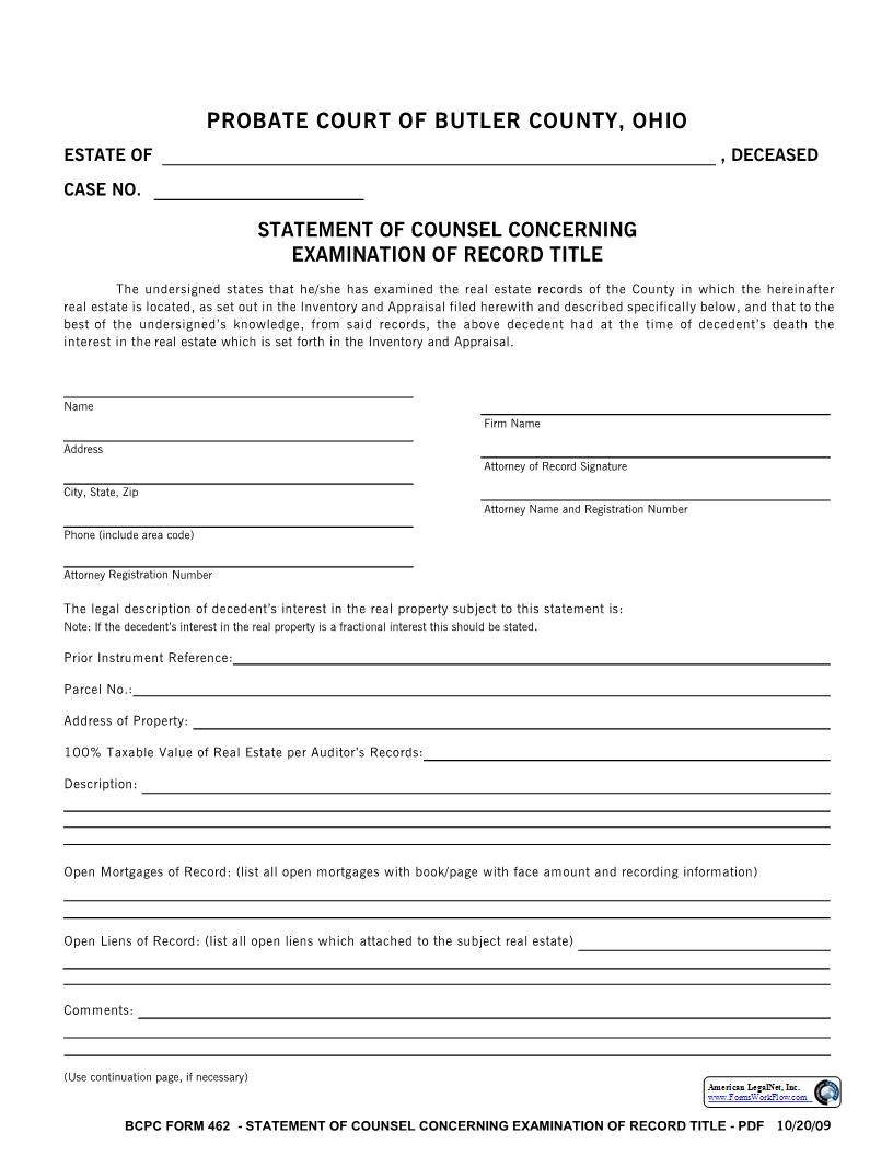 Statement Of Counsel Concerning Examination Of Record Title {462} | Pdf Fpdf Docx | Ohio