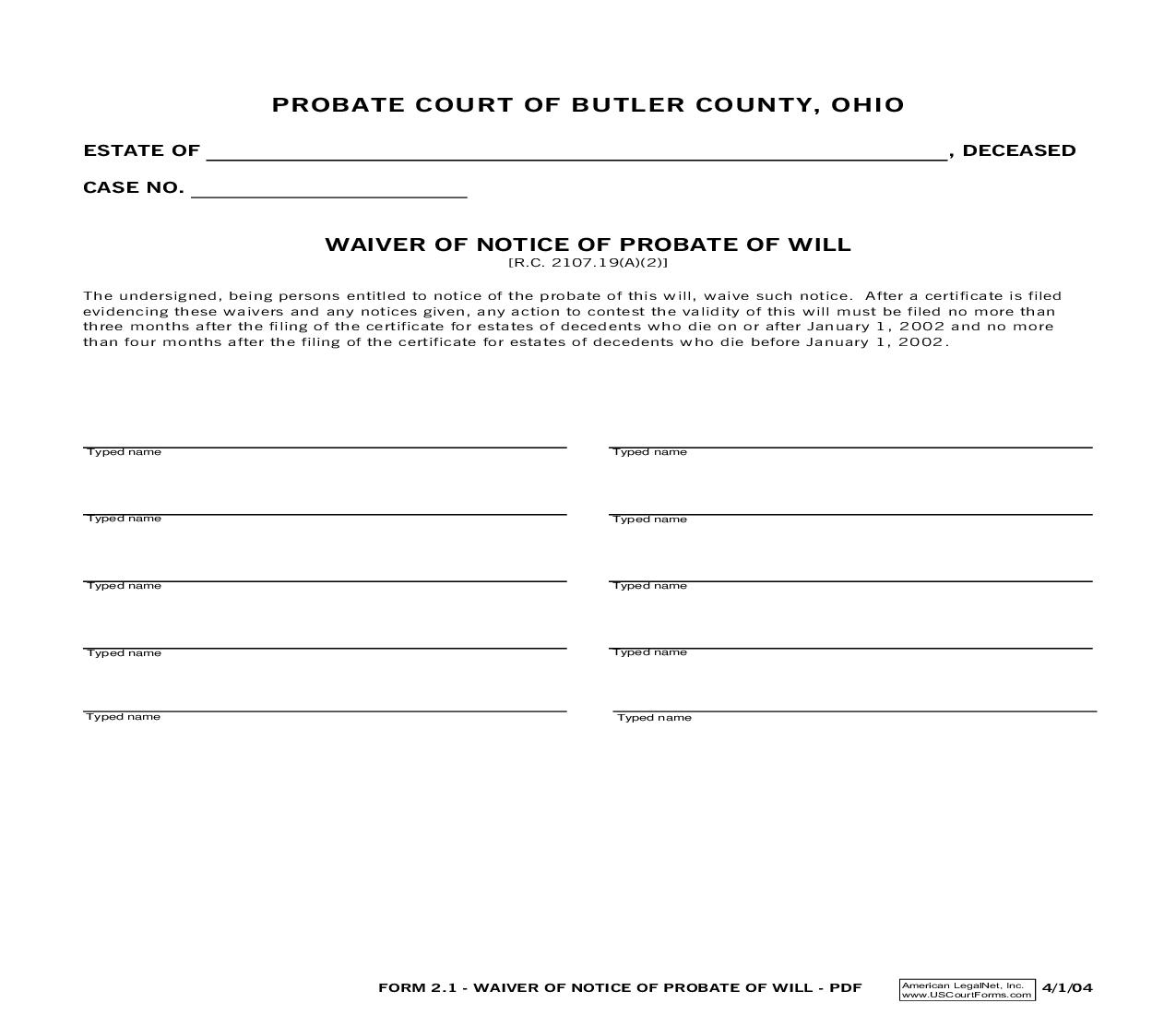 Waiver Of Notice Of Probate Of Will {2.1} | Pdf Fpdf Doc Docx | Ohio
