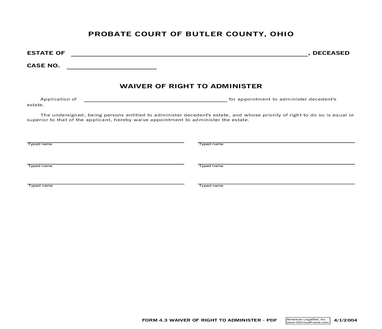 Waiver Of Right To Administer {4.3} | Pdf Fpdf Doc Docx | Ohio