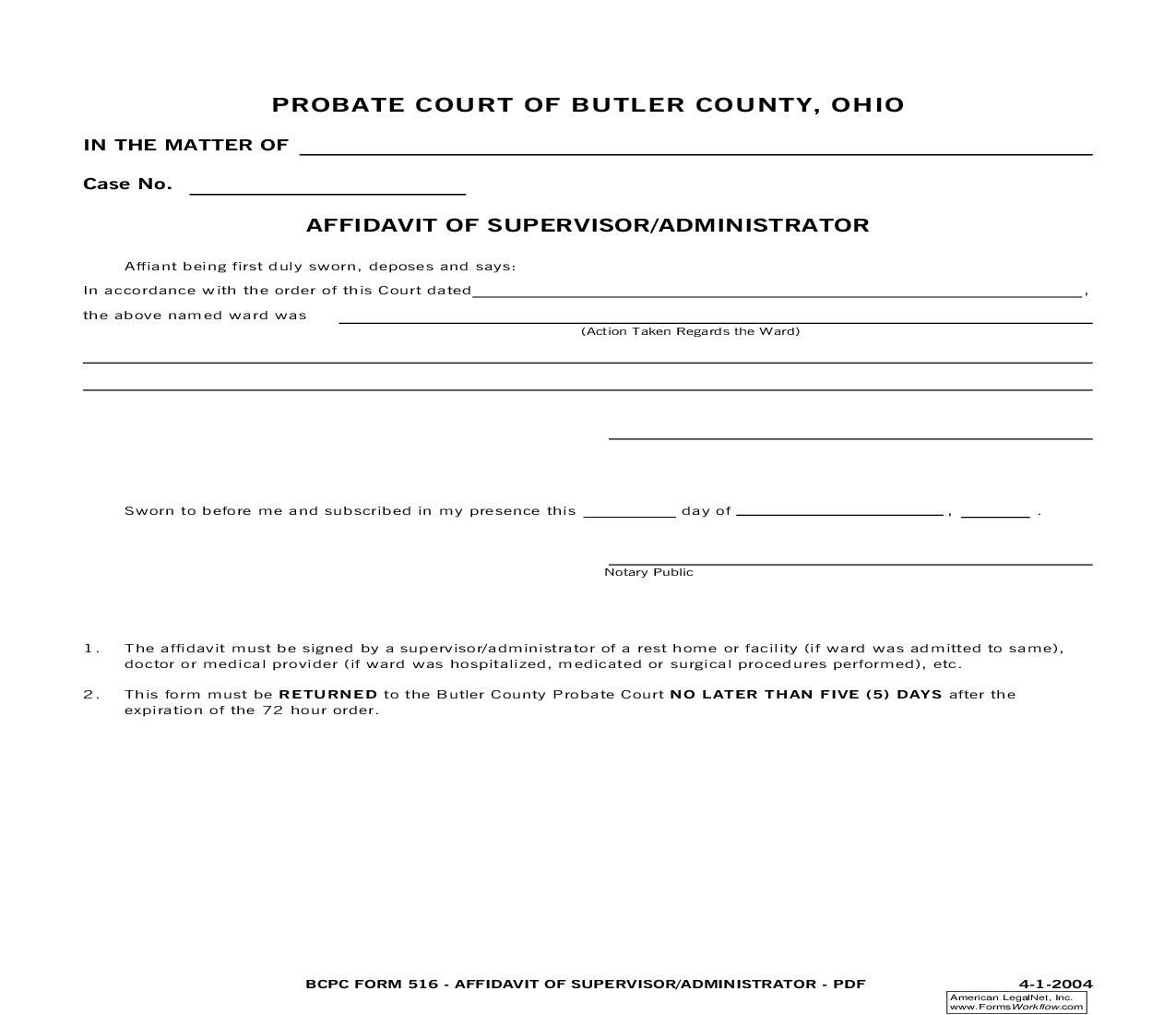 Affidavit Of Supervision Administrator {516} | Pdf Fpdf Doc Docx | Ohio