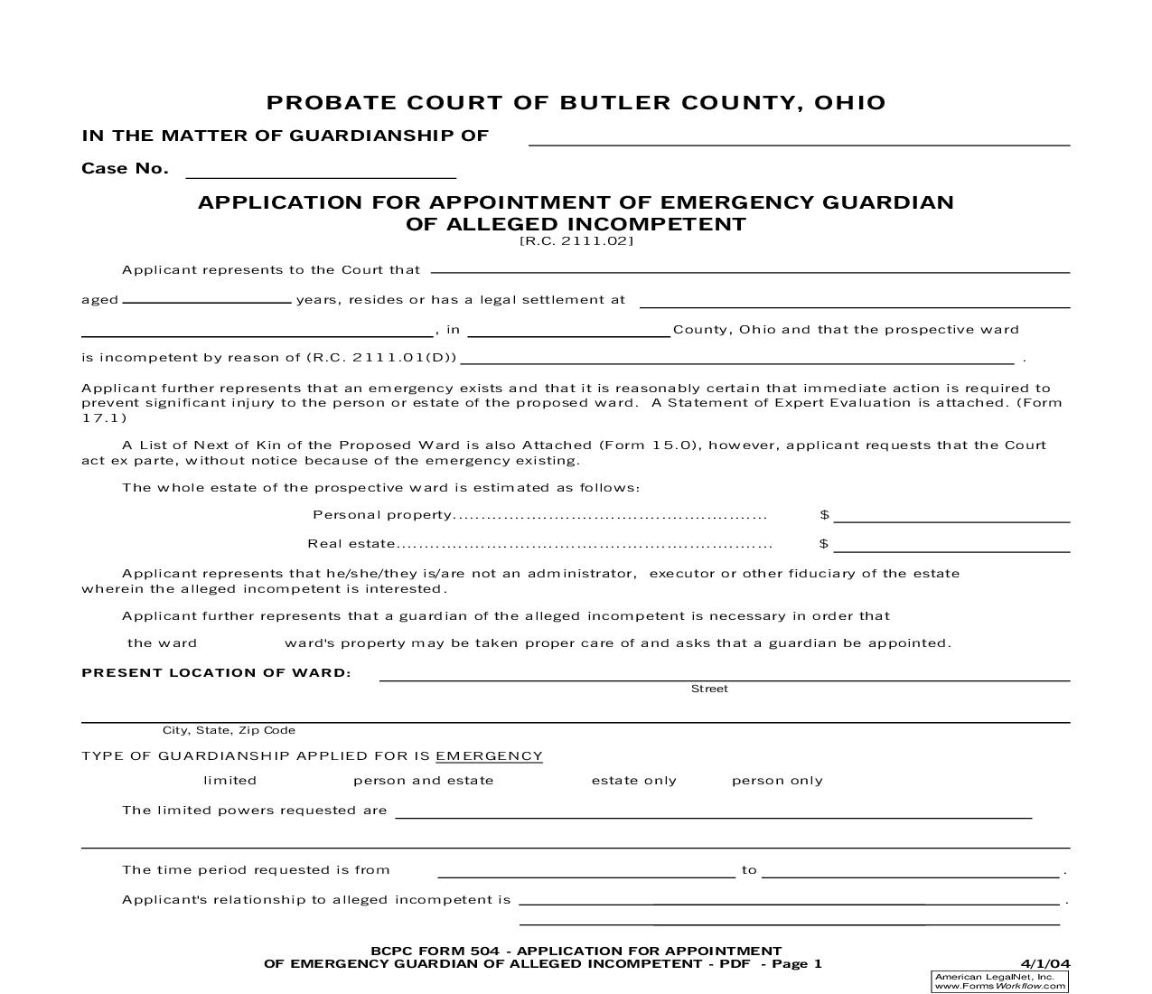 Application For Appointment Of Emergency Guardian {504} | Pdf Fpdf Doc Docx | Ohio