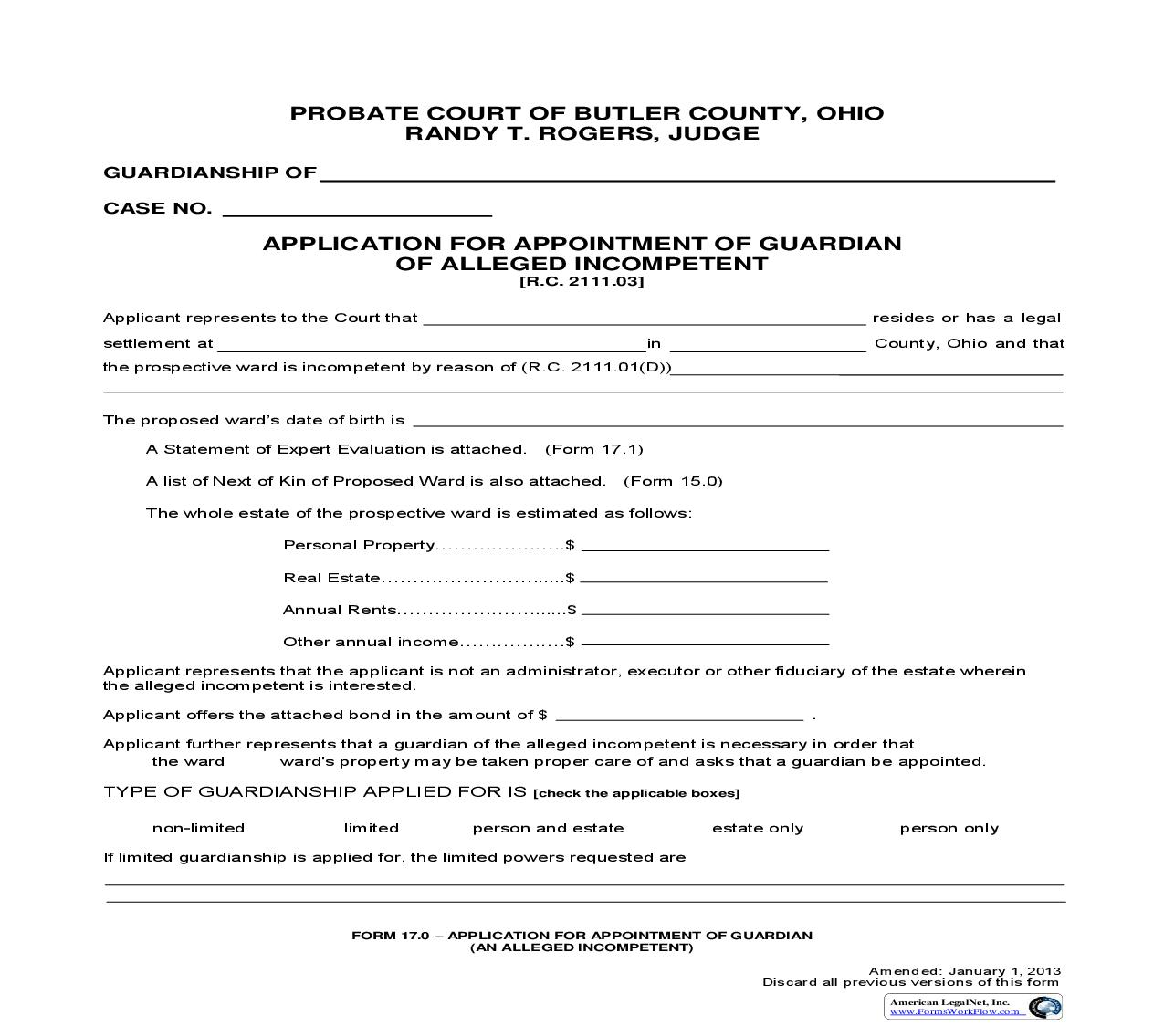 Application For Appointment Of Guardian Of Alleged Incompetent {17.0} | Pdf Fpdf Doc Docx | Ohio