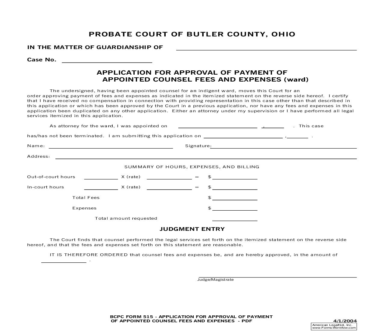 Application For Approval Of Payment Of Appointed Counsel Fees And Expenses {515} | Pdf Fpdf Doc Docx | Ohio