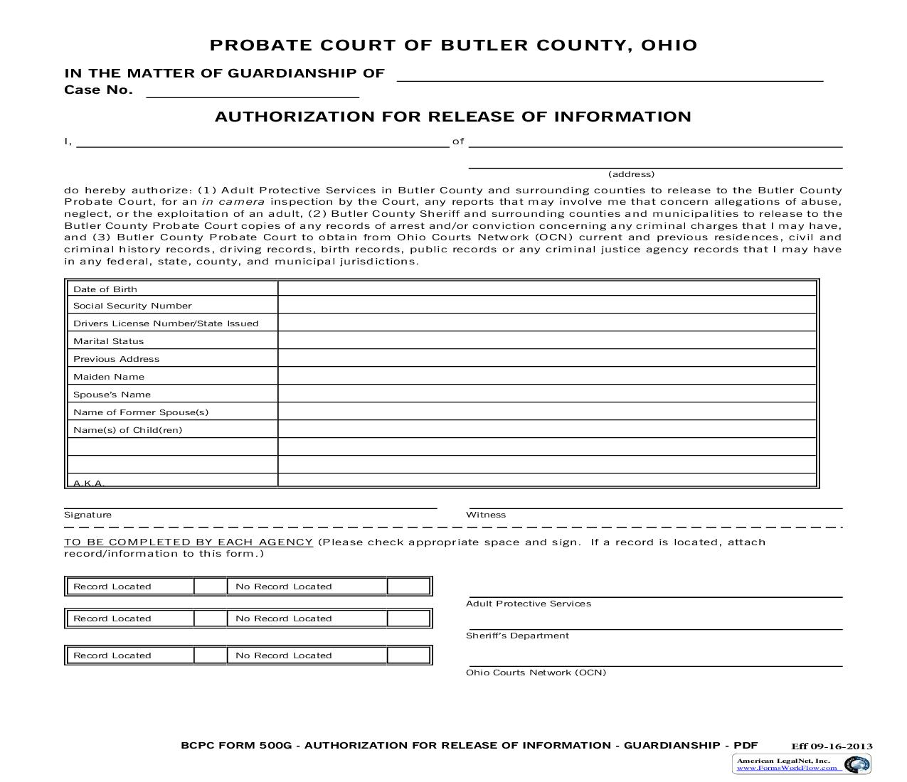 Authorization For Release Of Information Guardianship {500} | Pdf Fpdf Doc Docx | Ohio