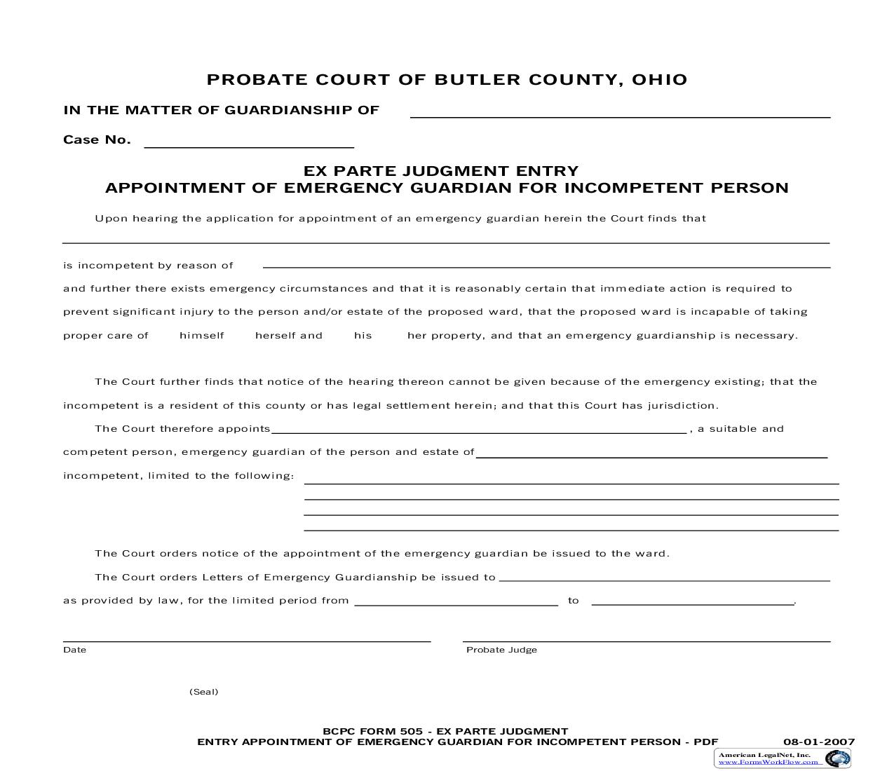 Ex Parte Judgement Entry Appointment Of Emergency Guardian {505} | Pdf Fpdf Doc Docx | Ohio