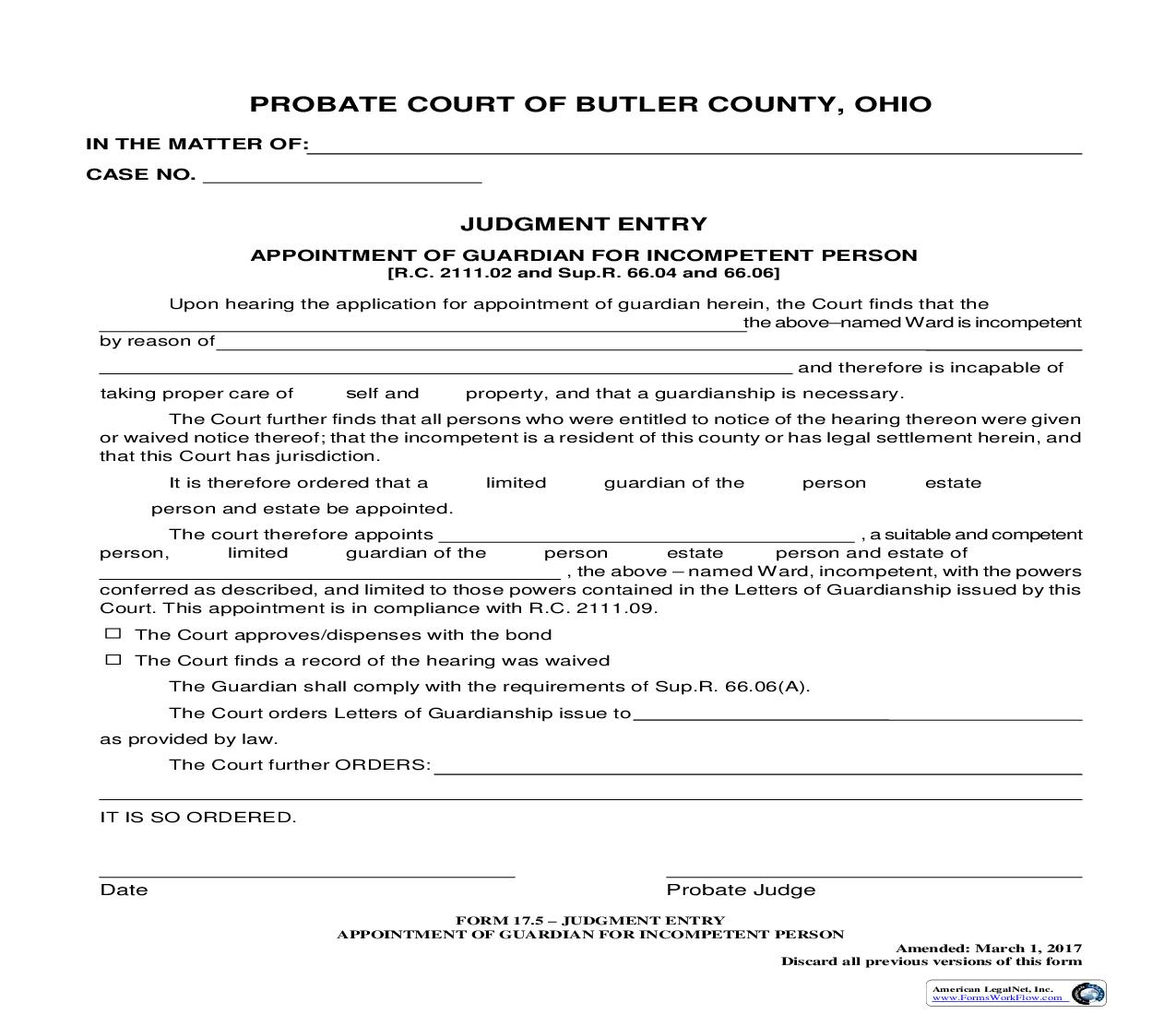 Judgment Entry Appointment Of Guardian For Incompetent Person {17.5} | Pdf Fpdf Doc Docx | Ohio