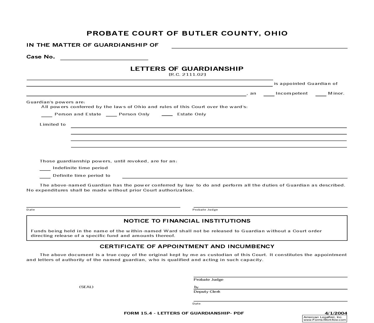 Letters Of Guardianship {15.4} | Pdf Fpdf Doc Docx | Ohio