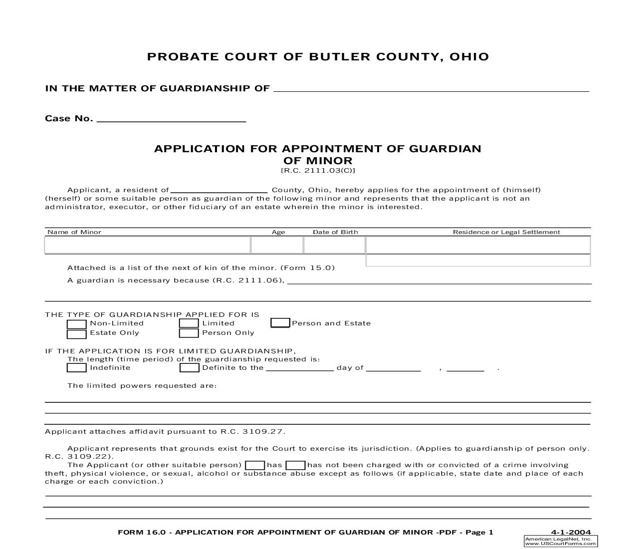 Application For Appointment Of Guardian Of Minor {16.0} | Pdf Fpdf Doc Docx | Ohio