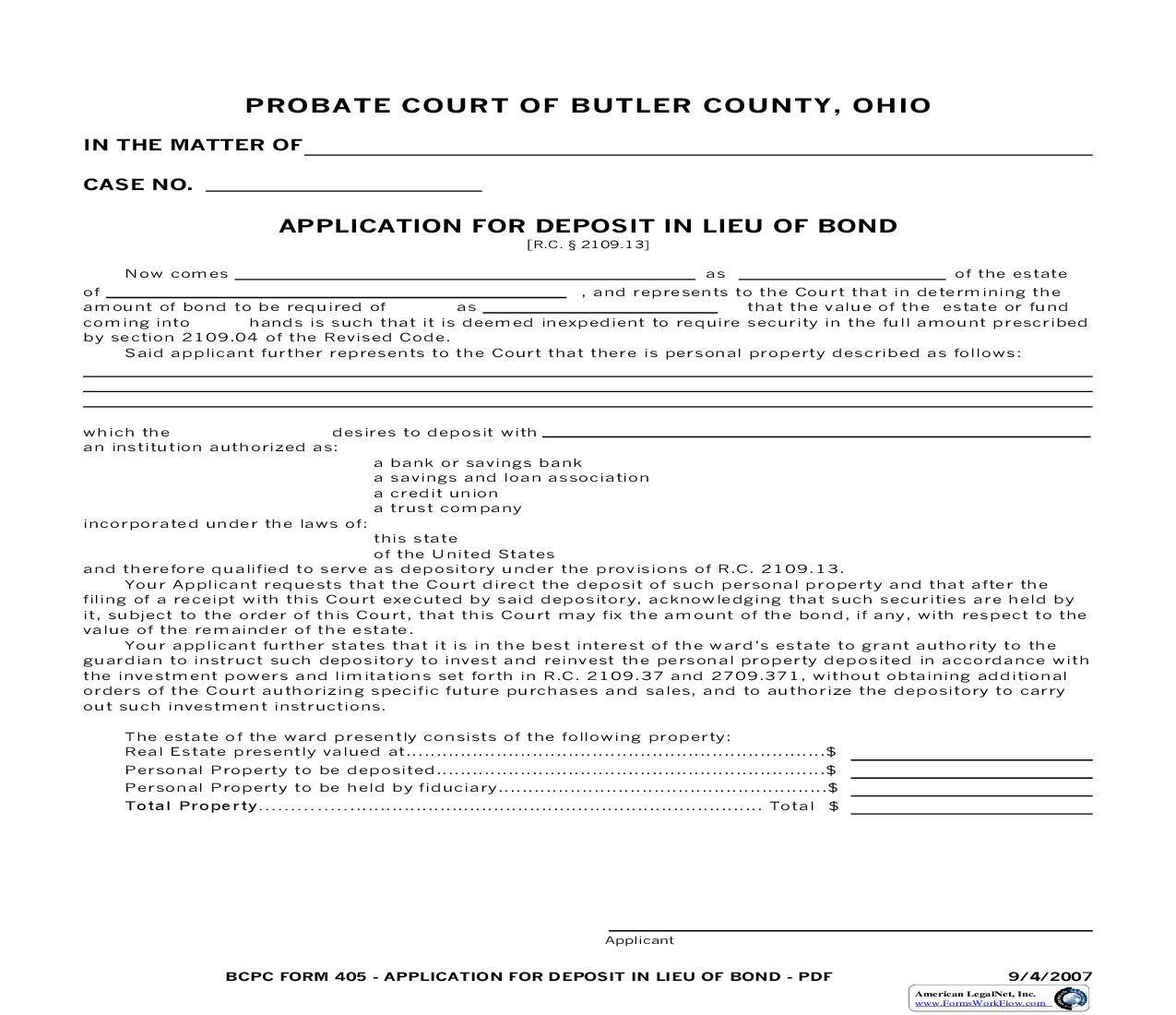 Application For Deposit In Lieu Of Bond {405} | Pdf Fpdf Doc Docx | Ohio