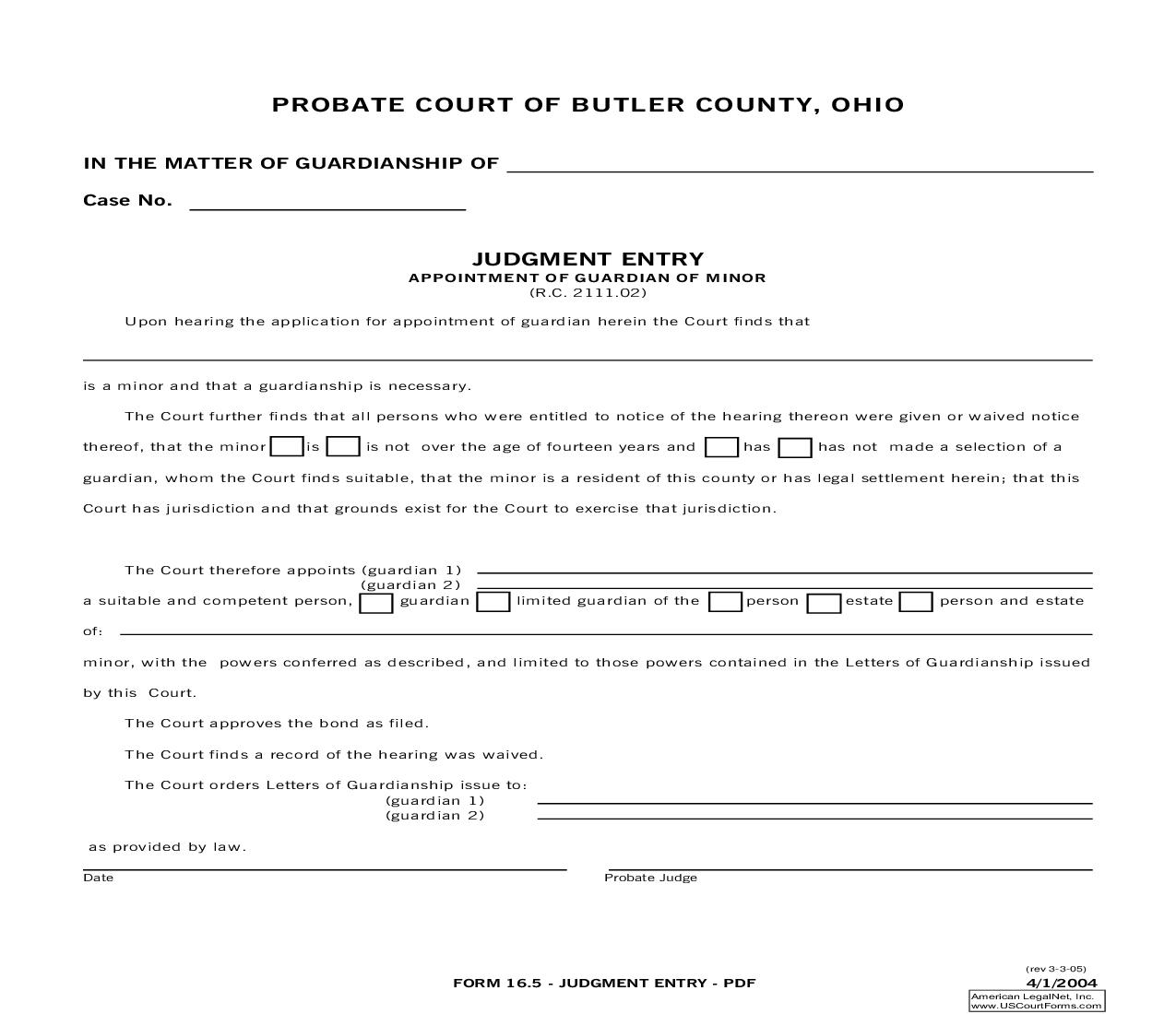 Judgment Entry Appointment Of Guardian Of Minor {16.5} | Pdf Fpdf Doc Docx | Ohio