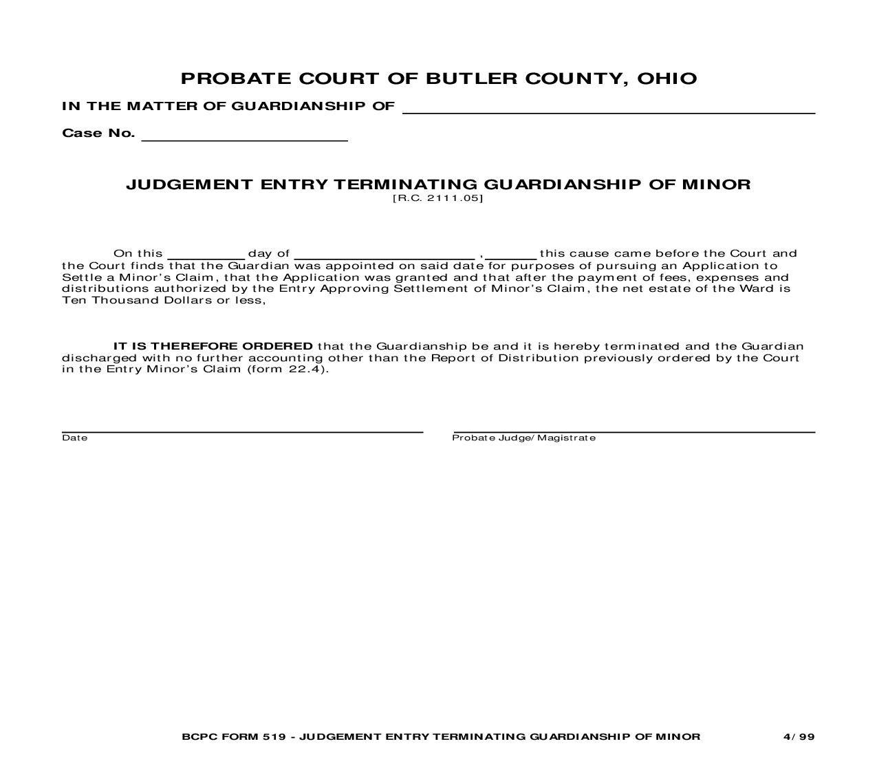 Judgment Entry Terminating Guardianship Of Minor {519} |  | Ohio