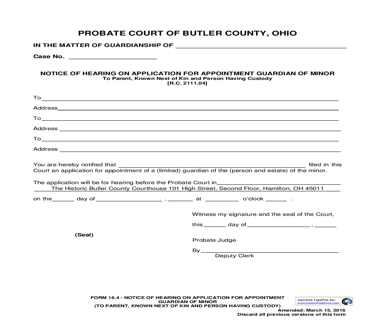 Notice Of Hearing On Application For Appointment Guardian Of Minor {16.4} | Pdf Fpdf Doc Docx | Ohio