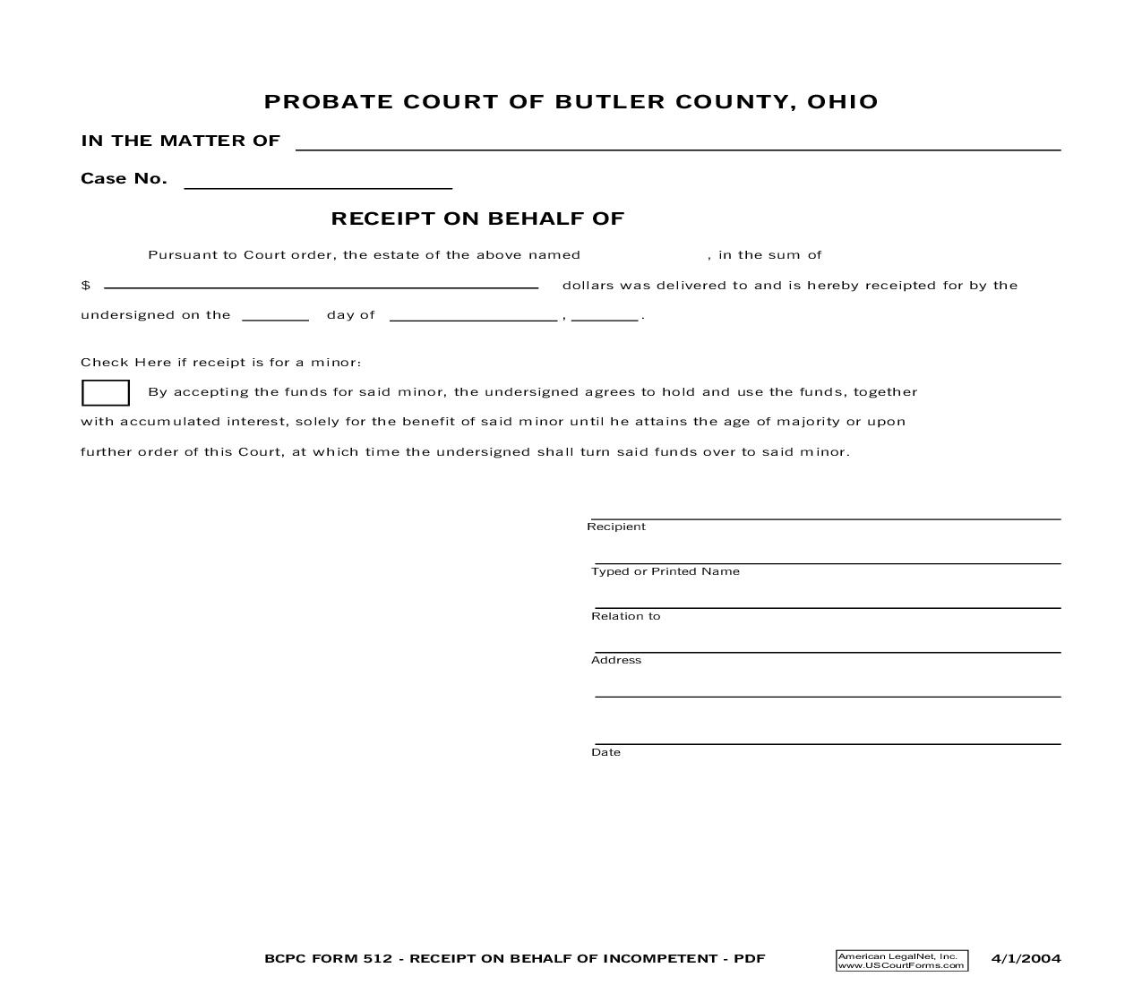 Receipt On Behalf Of Minor {512} | Pdf Fpdf Doc Docx | Ohio
