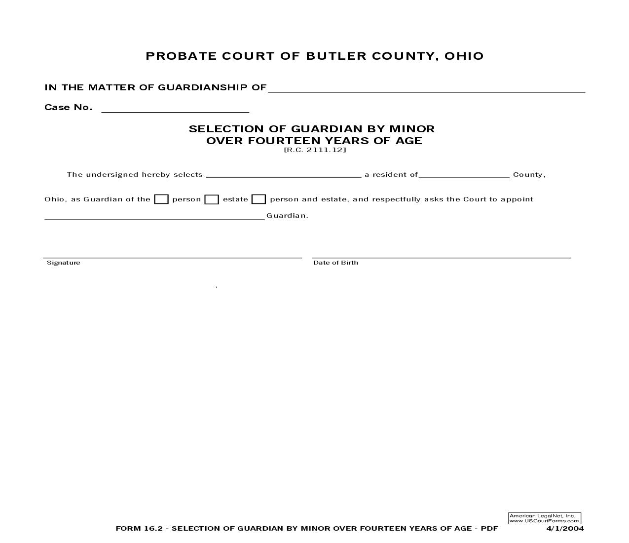 Selection Of Guardian By Minor Over Fourteen Years Of Age {16.2} | Pdf Fpdf Doc Docx | Ohio