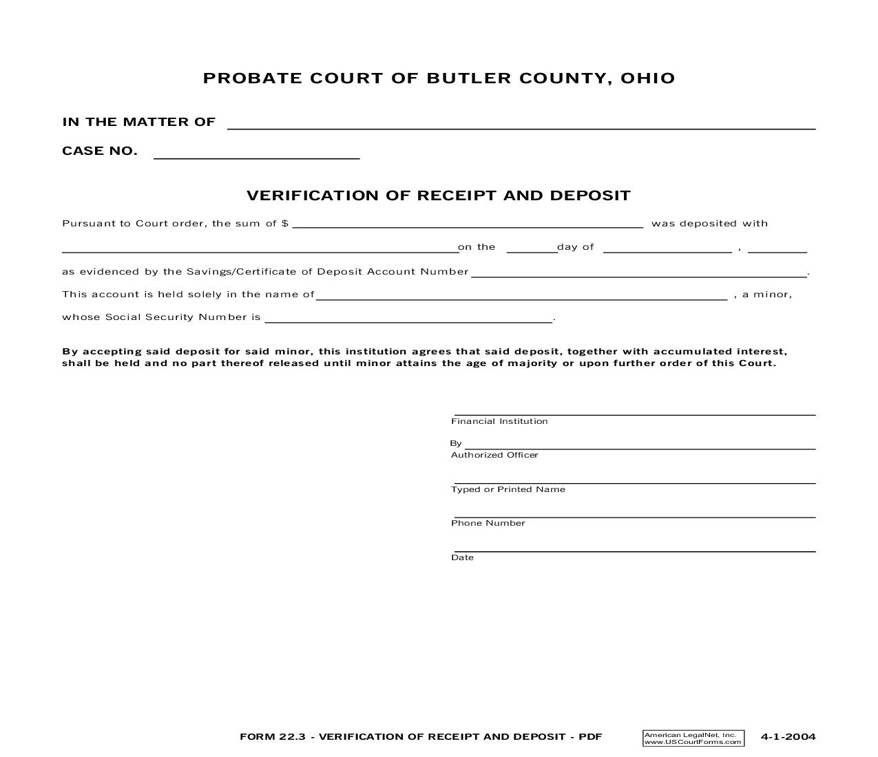 Verification Of Receipt And Deposit {22.3} | Pdf Fpdf Doc Docx | Ohio