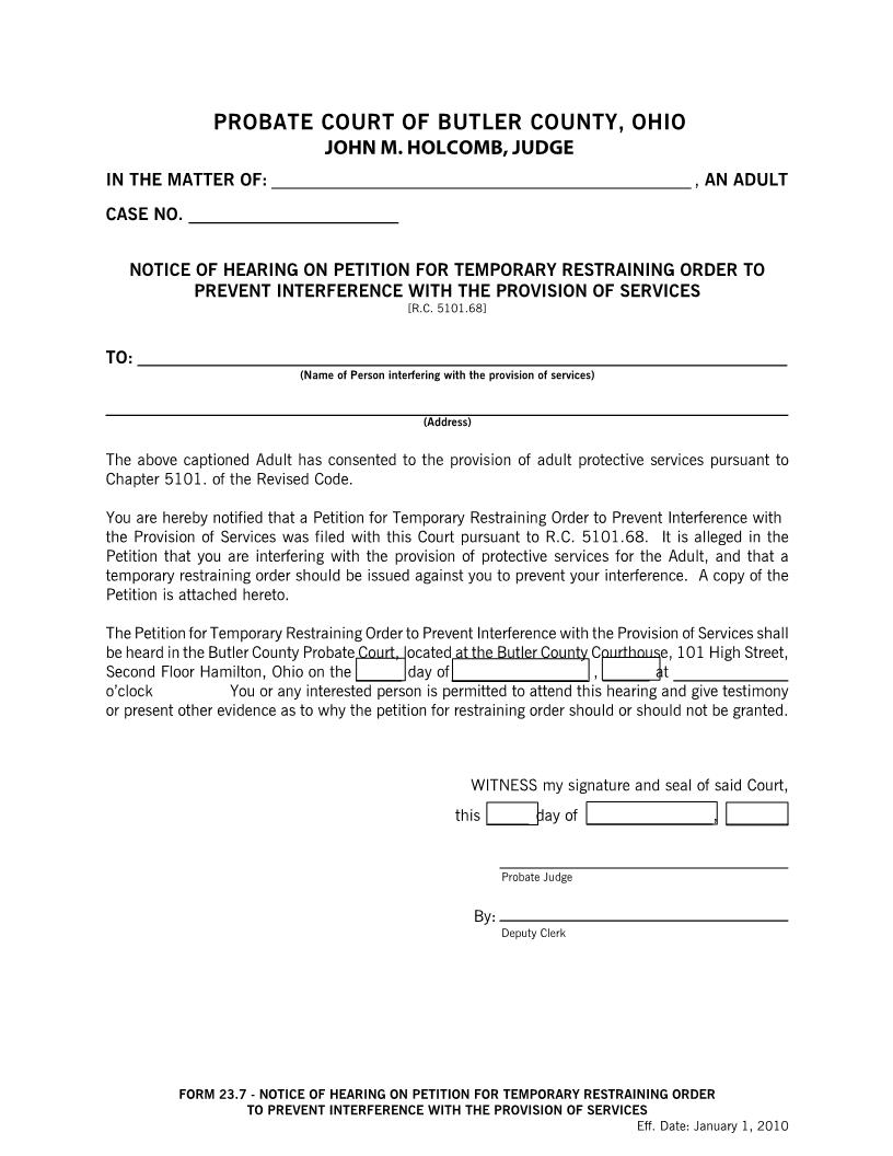 Notice Of Hearing On Petition For Temporary Restraining Order To Prevent Interference With The Provision Of Services {23.7} | Pdf Fpdf Doc Docx | Ohio