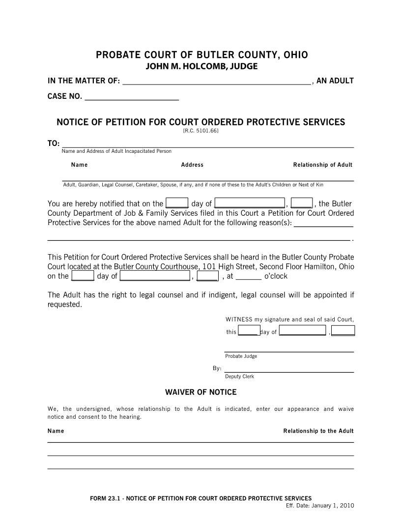 Notice Of Petition For Court Ordered Protective Services {23.1} | Pdf Fpdf Doc Docx | Ohio