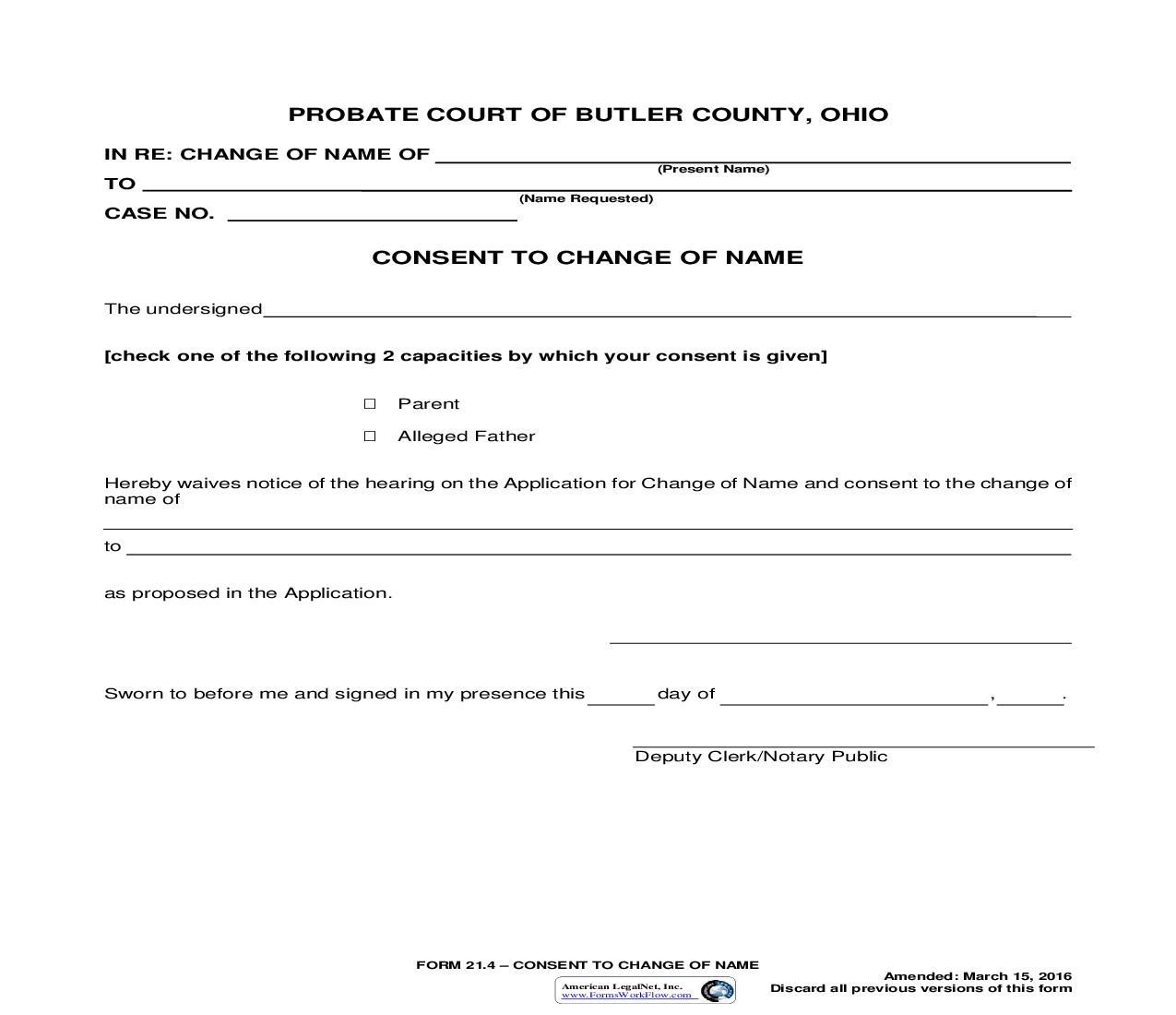 Consent To Change Of Name {21.4} | Pdf Fpdf Doc Docx | Ohio